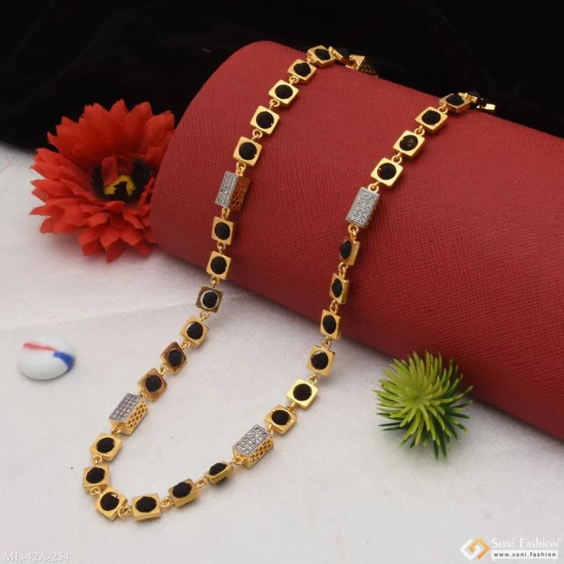 1 Gram Gold Plated Etched Design High-Quality Rudraksha Mala for Men - Style A254