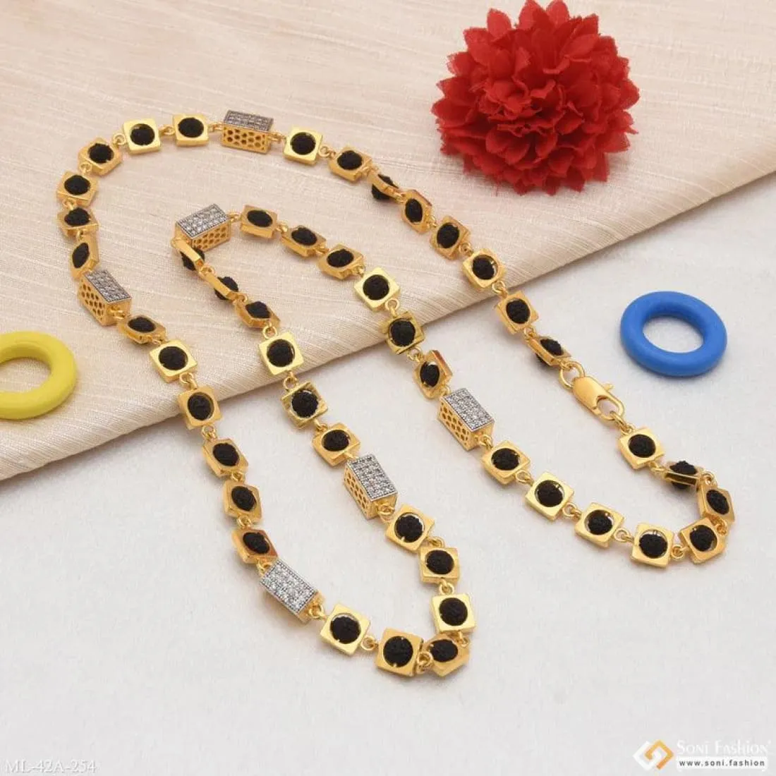 1 Gram Gold Plated Etched Design High-Quality Rudraksha Mala for Men - Style A254