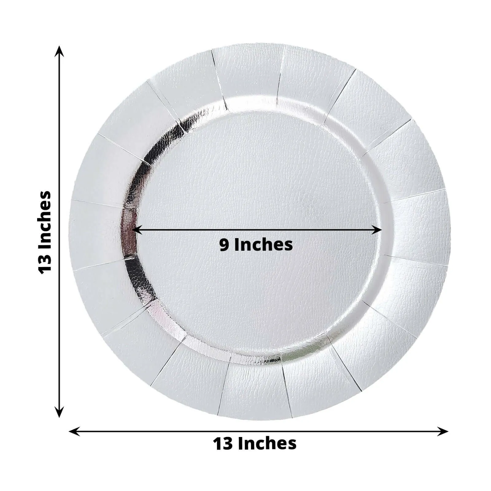 10 Pack Silver Disposable 13" Charger Plates, Cardboard Serving Tray, Round with Leathery Texture - 1100 GSM