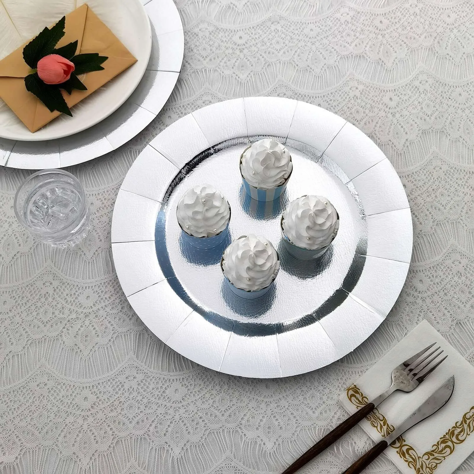 10 Pack Silver Disposable 13" Charger Plates, Cardboard Serving Tray, Round with Leathery Texture - 1100 GSM