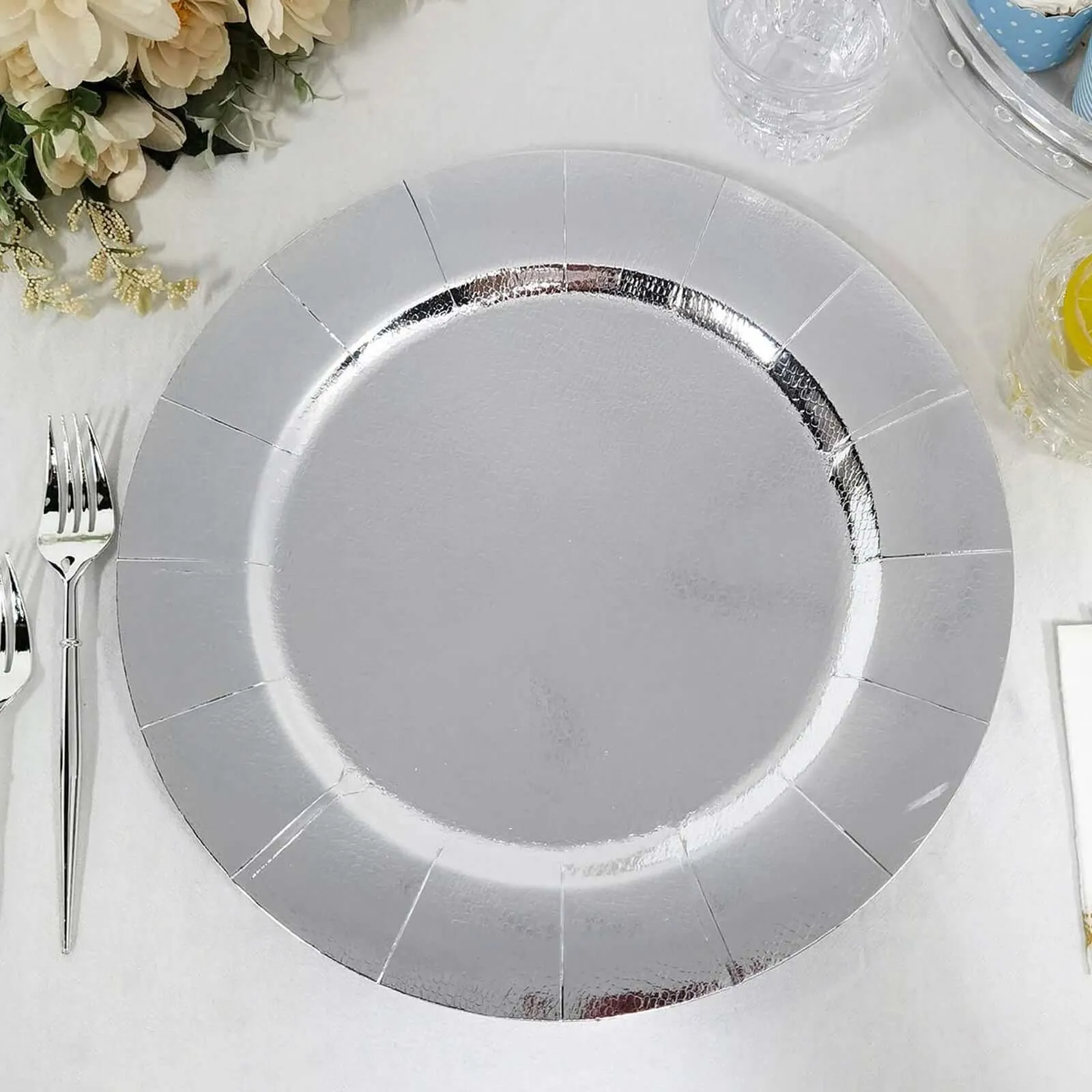 10 Pack Silver Disposable 13" Charger Plates, Cardboard Serving Tray, Round with Leathery Texture - 1100 GSM