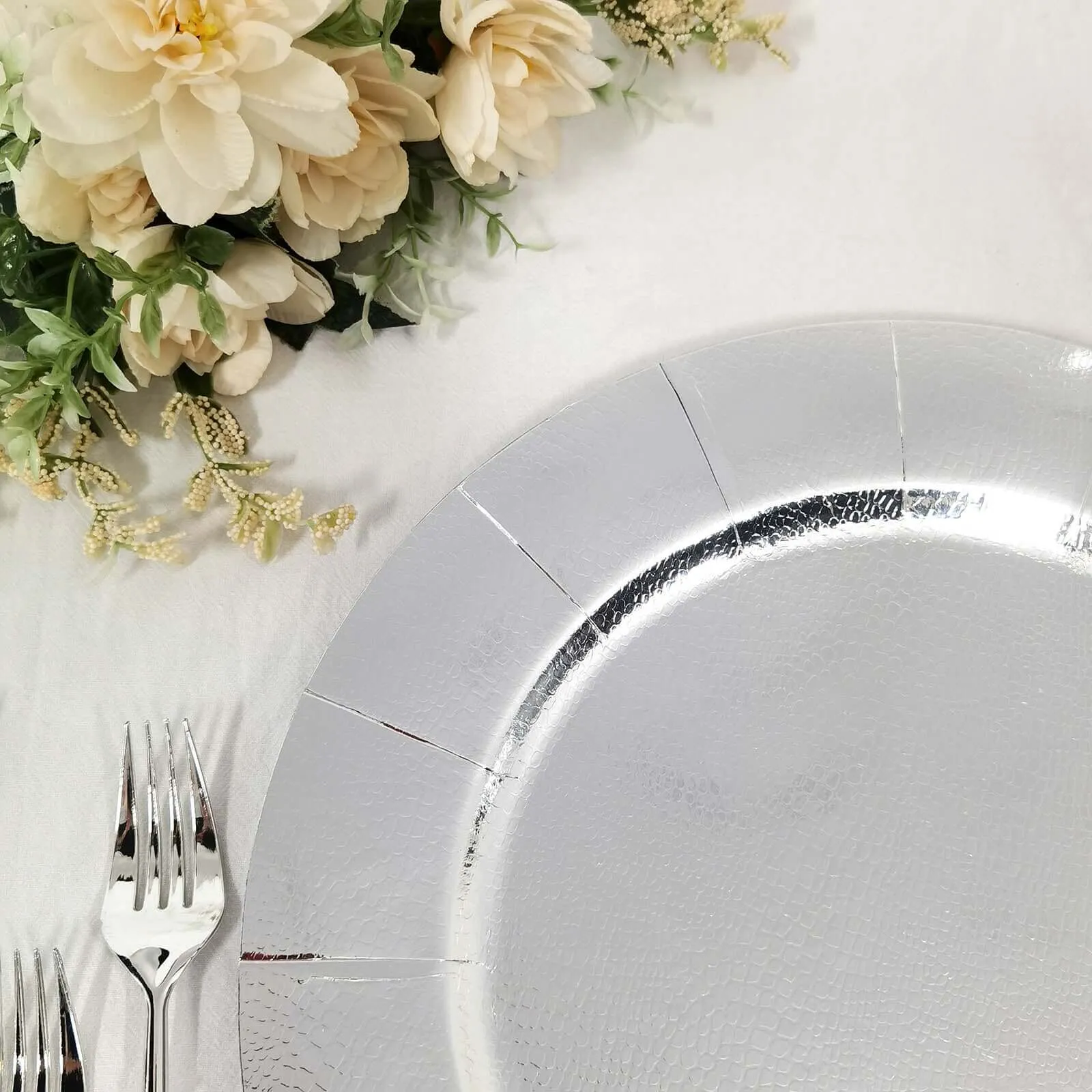 10 Pack Silver Disposable 13" Charger Plates, Cardboard Serving Tray, Round with Leathery Texture - 1100 GSM