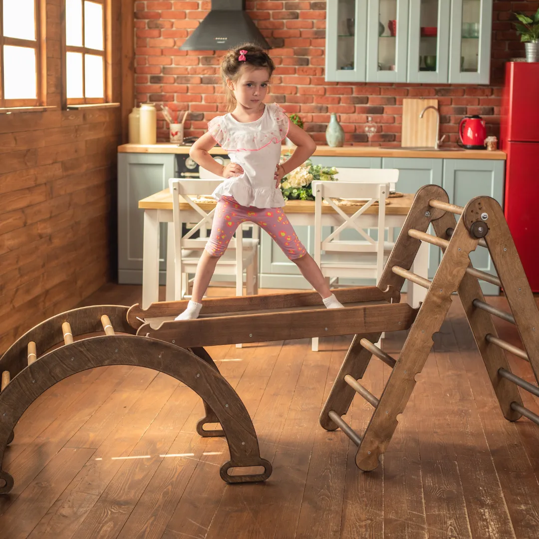 3in1 Montessori Climbing Set: Triangle Ladder   Wooden Arch   Slide Board – Chocolate NEW