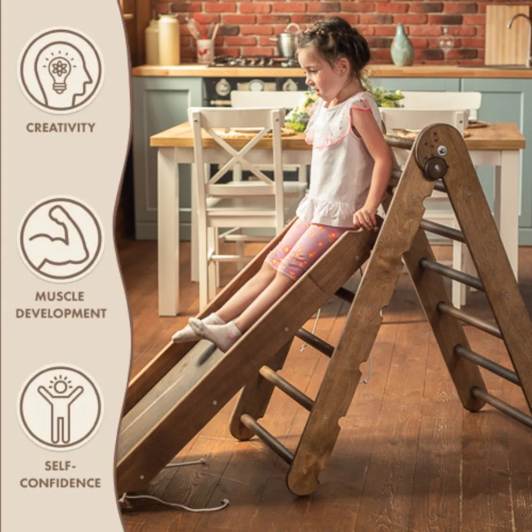 3in1 Montessori Climbing Set: Triangle Ladder   Wooden Arch   Slide Board – Chocolate NEW