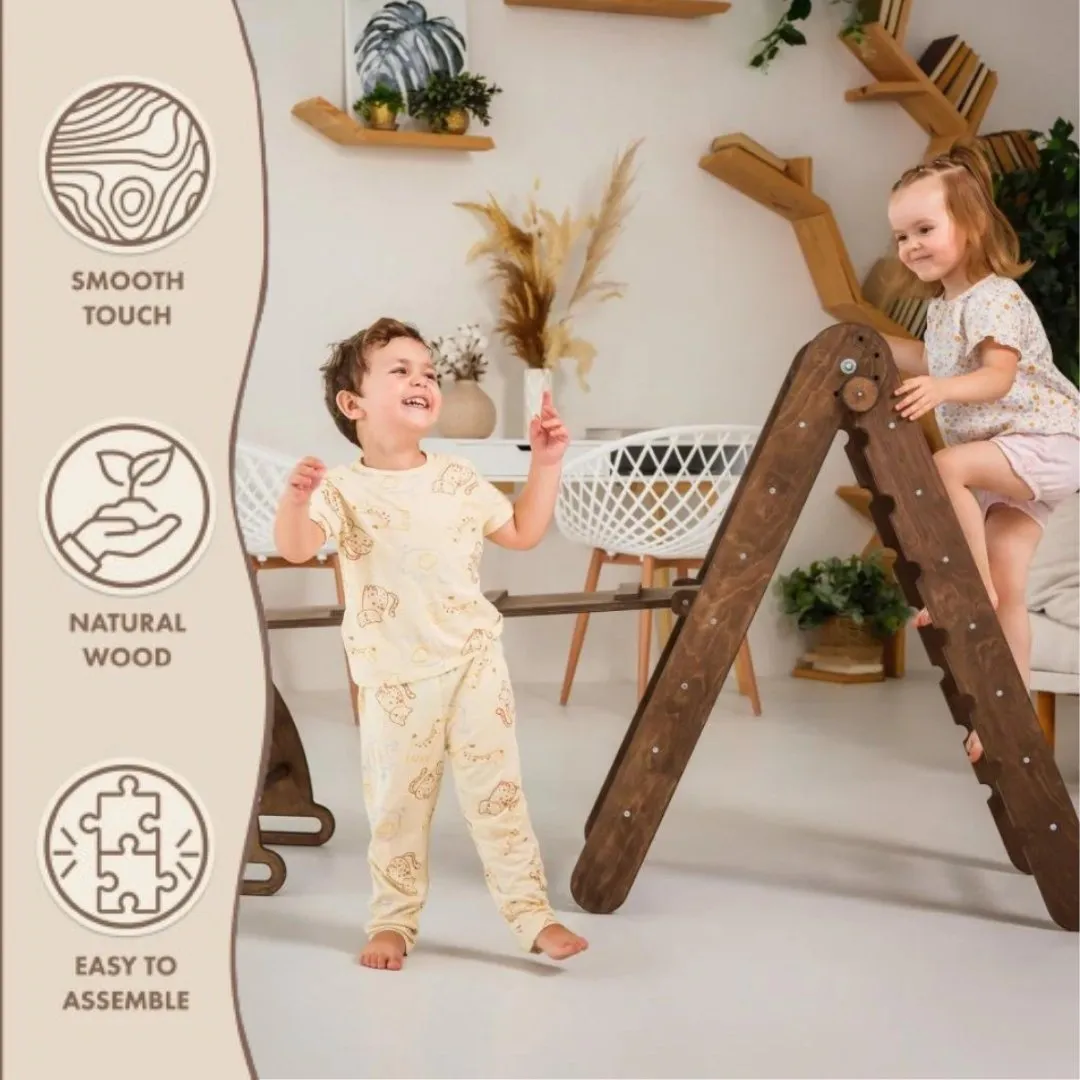 3in1 Montessori Climbing Set: Triangle Ladder   Wooden Arch   Slide Board – Chocolate NEW