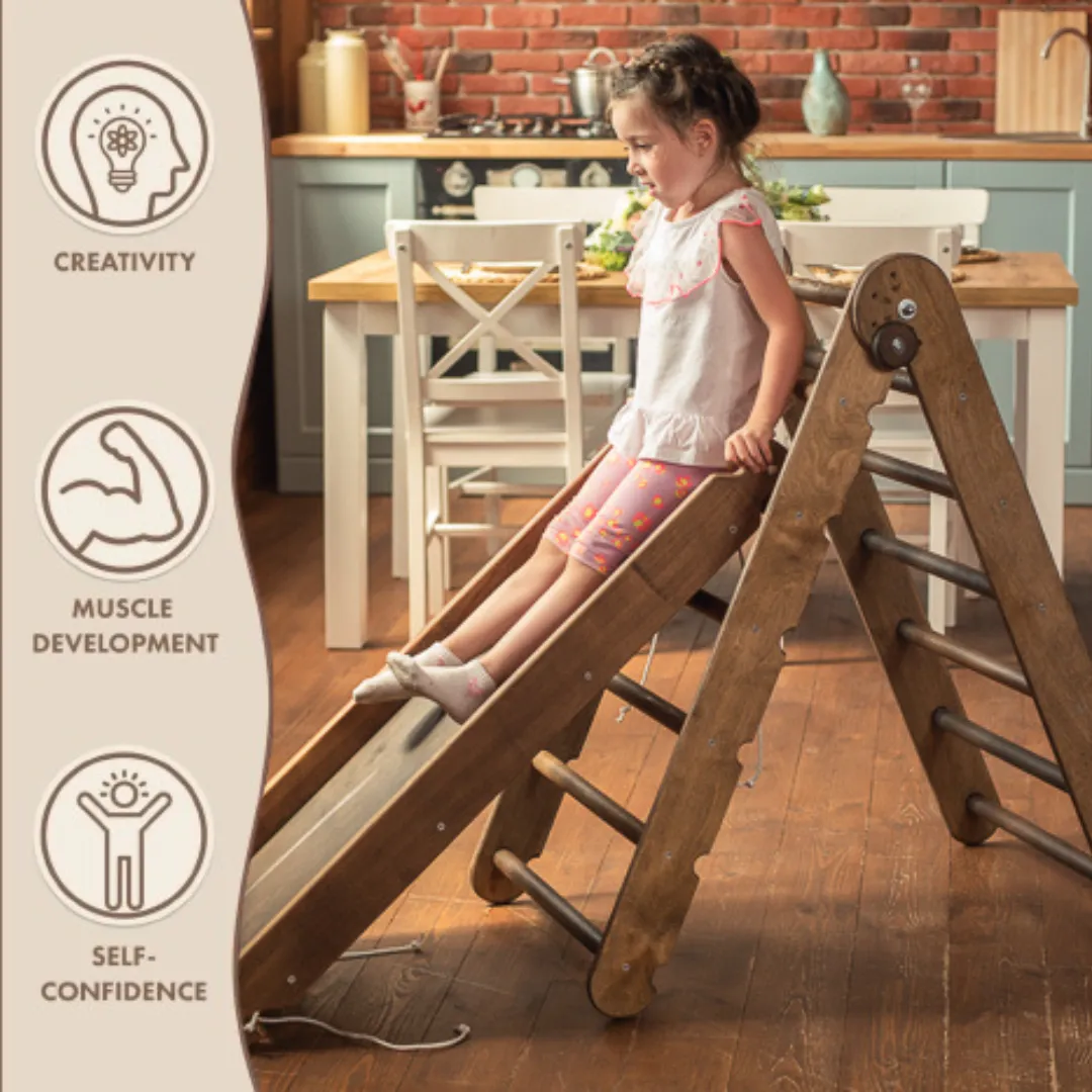 3in1 Montessori Climbing Set: Triangle Ladder   Wooden Arch   Slide Board – Chocolate NEW