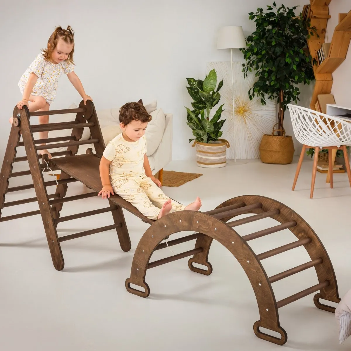 3in1 Montessori Climbing Set: Triangle Ladder   Wooden Arch   Slide Board – Chocolate NEW