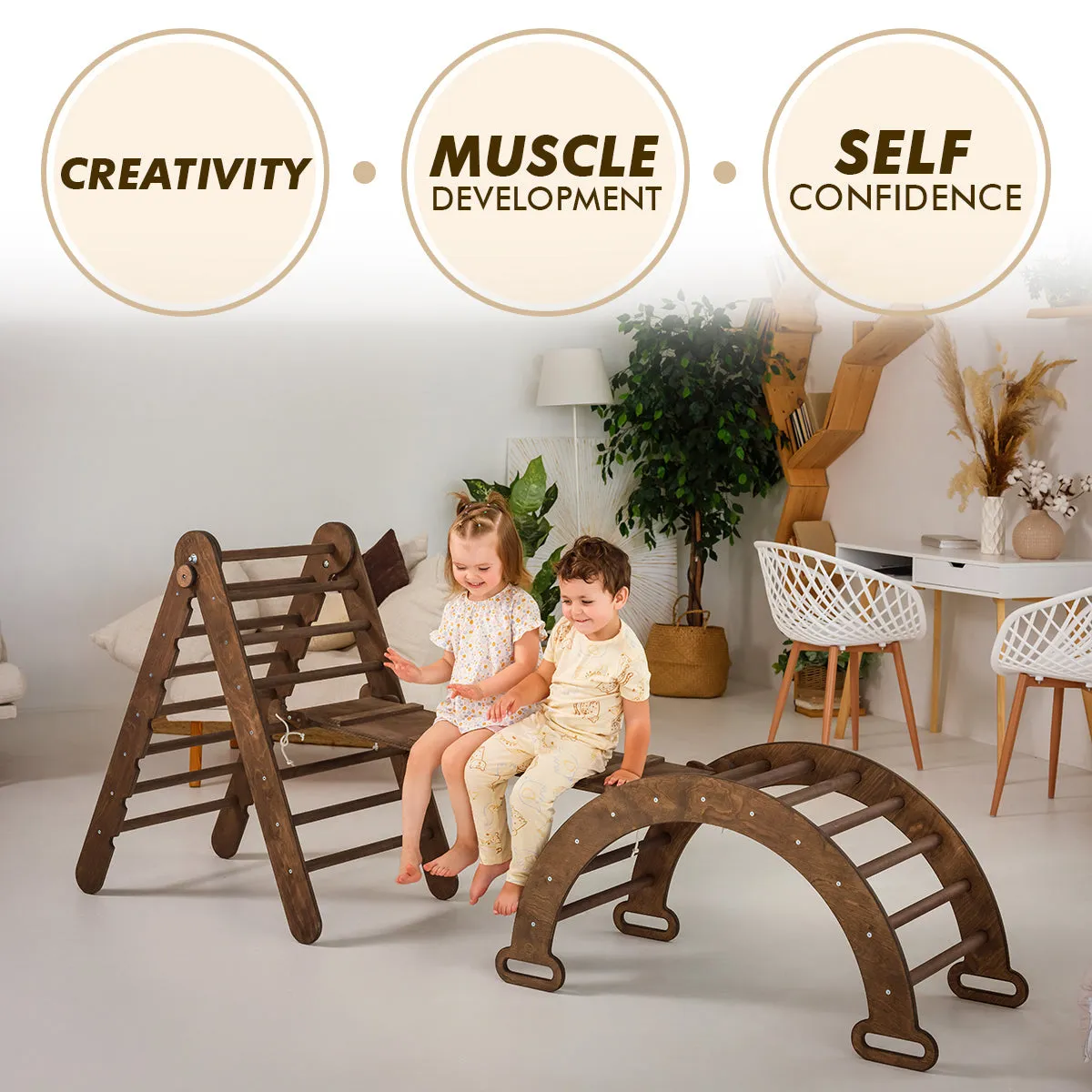3in1 Montessori Climbing Set: Triangle Ladder   Wooden Arch   Slide Board – Chocolate NEW