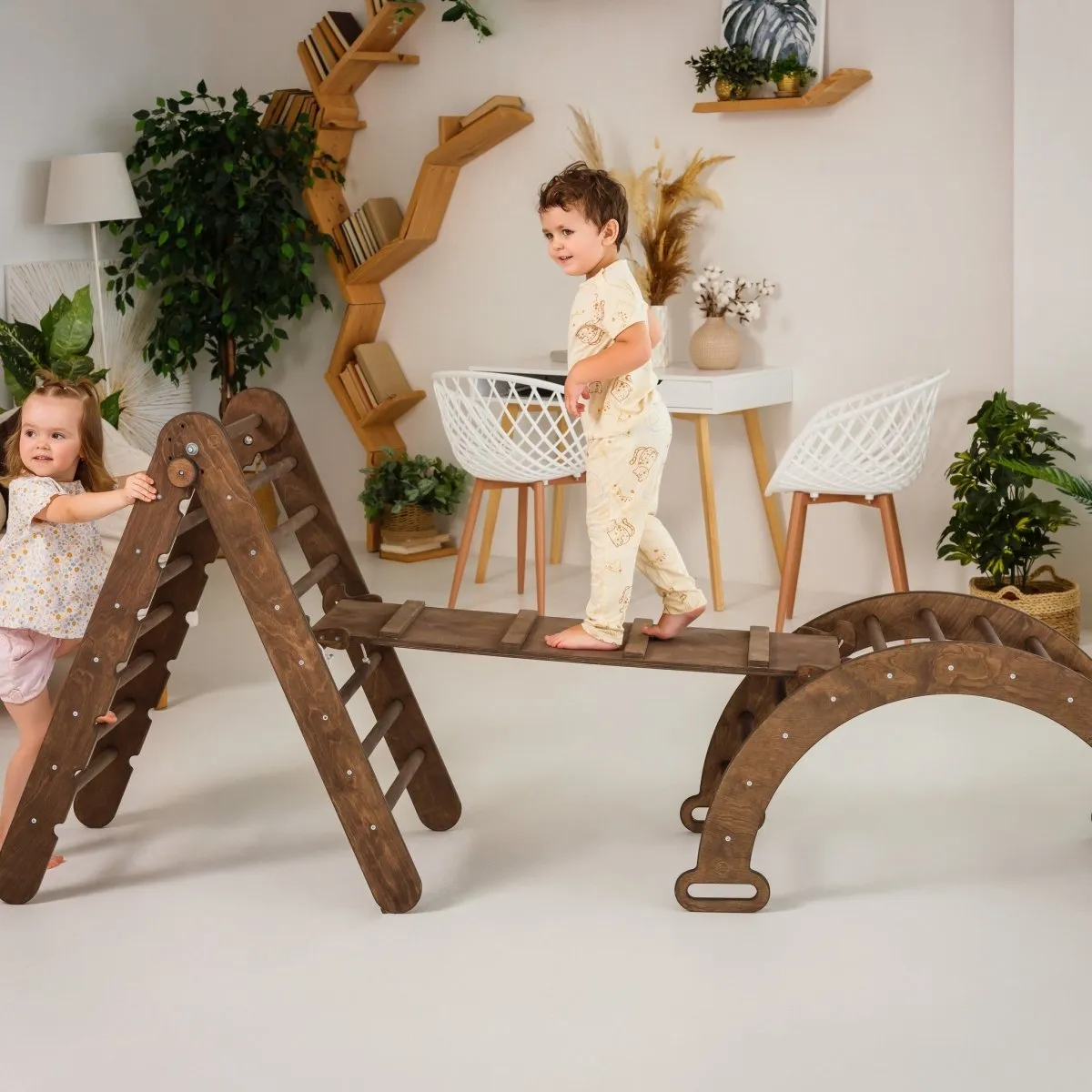 3in1 Montessori Climbing Set: Triangle Ladder   Wooden Arch   Slide Board – Chocolate NEW