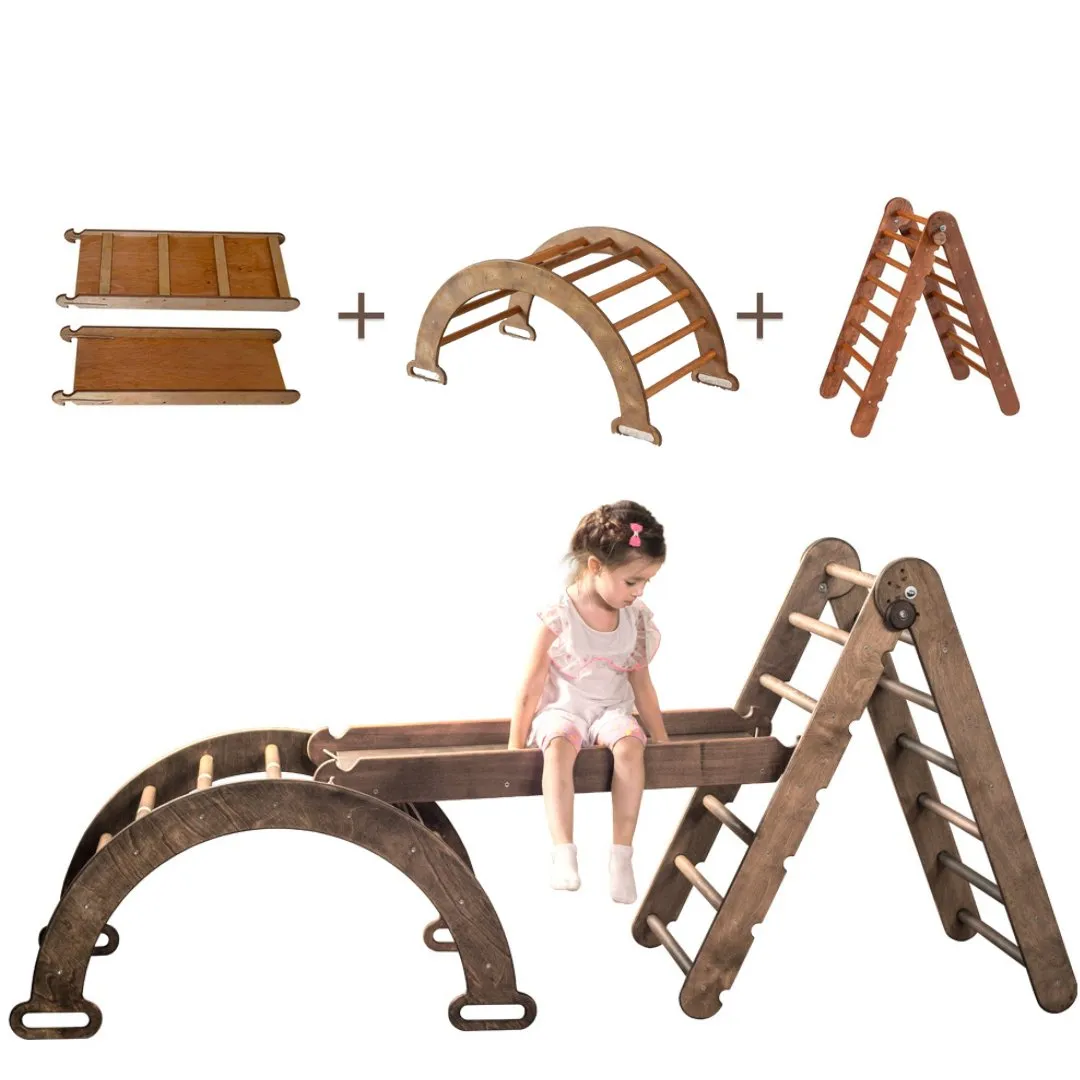 3in1 Montessori Climbing Set: Triangle Ladder   Wooden Arch   Slide Board – Chocolate NEW