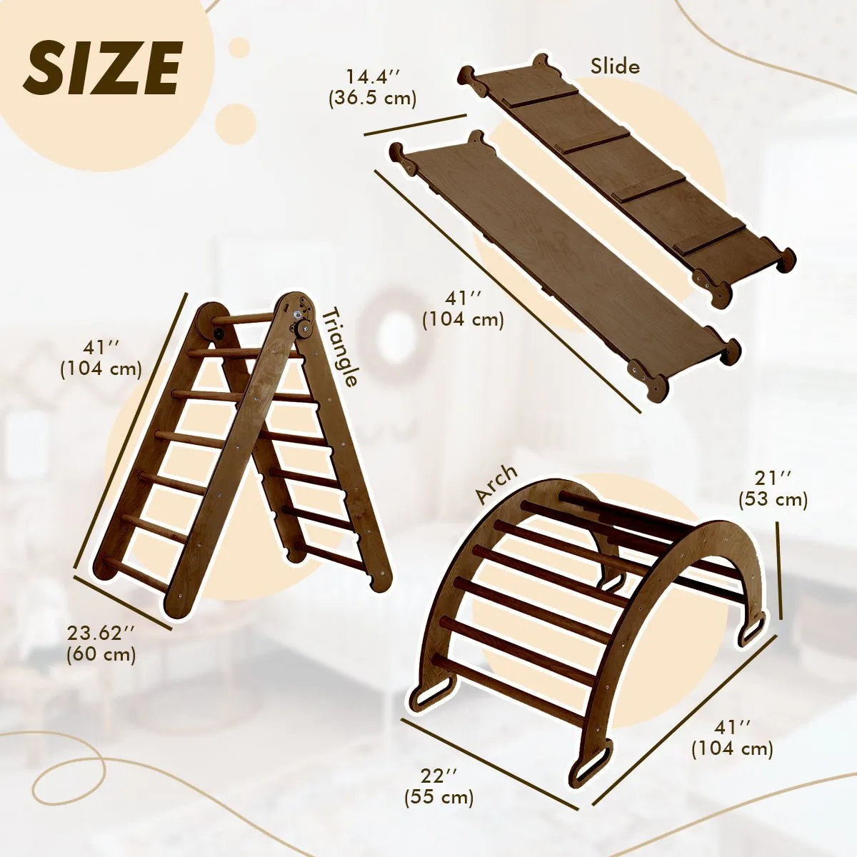 3in1 Montessori Climbing Set: Triangle Ladder   Wooden Arch   Slide Board – Chocolate NEW