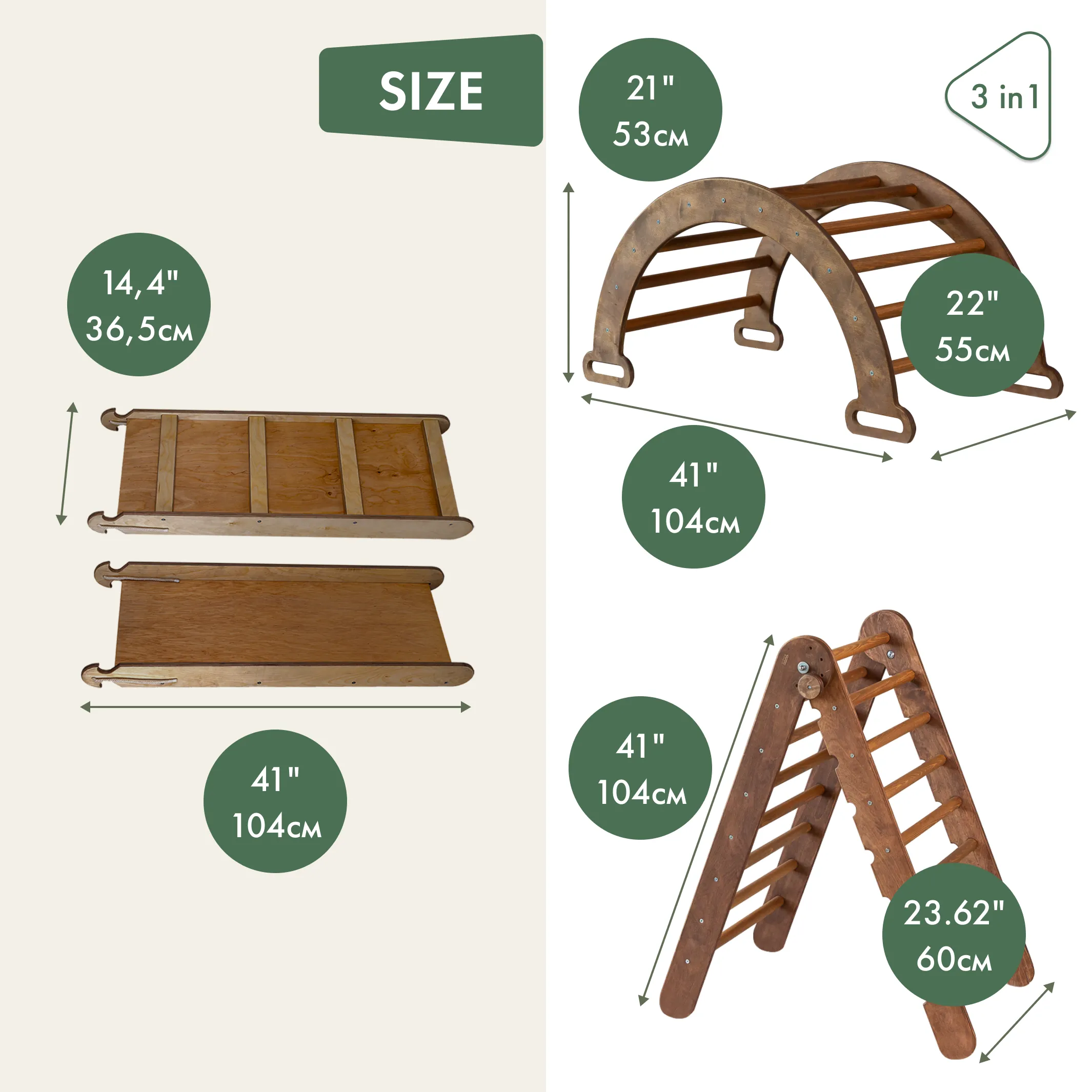 3in1 Montessori Climbing Set: Triangle Ladder   Wooden Arch   Slide Board – Chocolate NEW