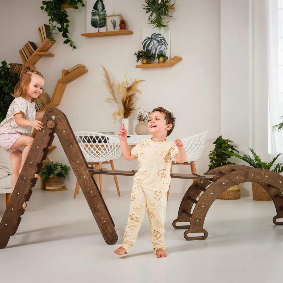 3in1 Montessori Climbing Set: Triangle Ladder   Wooden Arch   Slide Board – Chocolate NEW