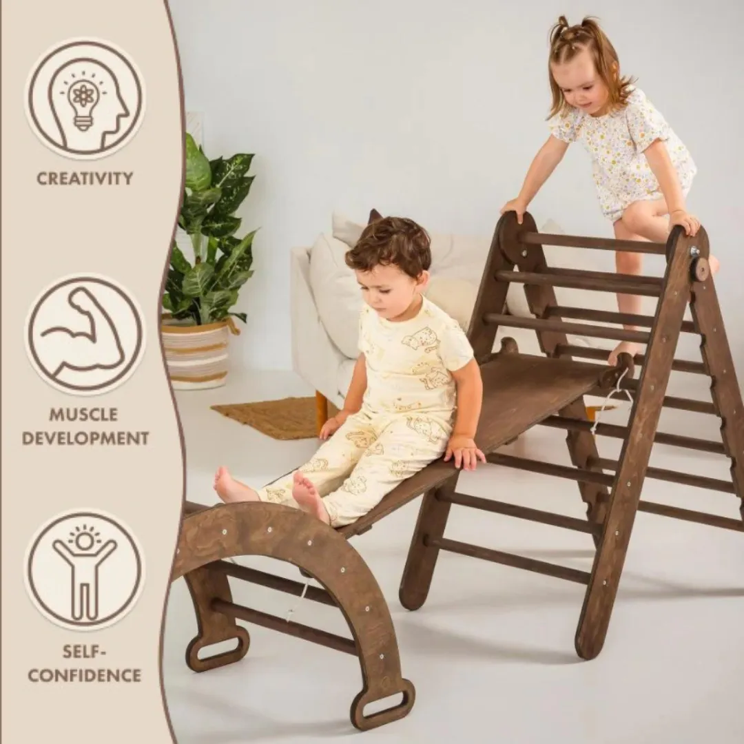 3in1 Montessori Climbing Set: Triangle Ladder   Wooden Arch   Slide Board – Chocolate NEW