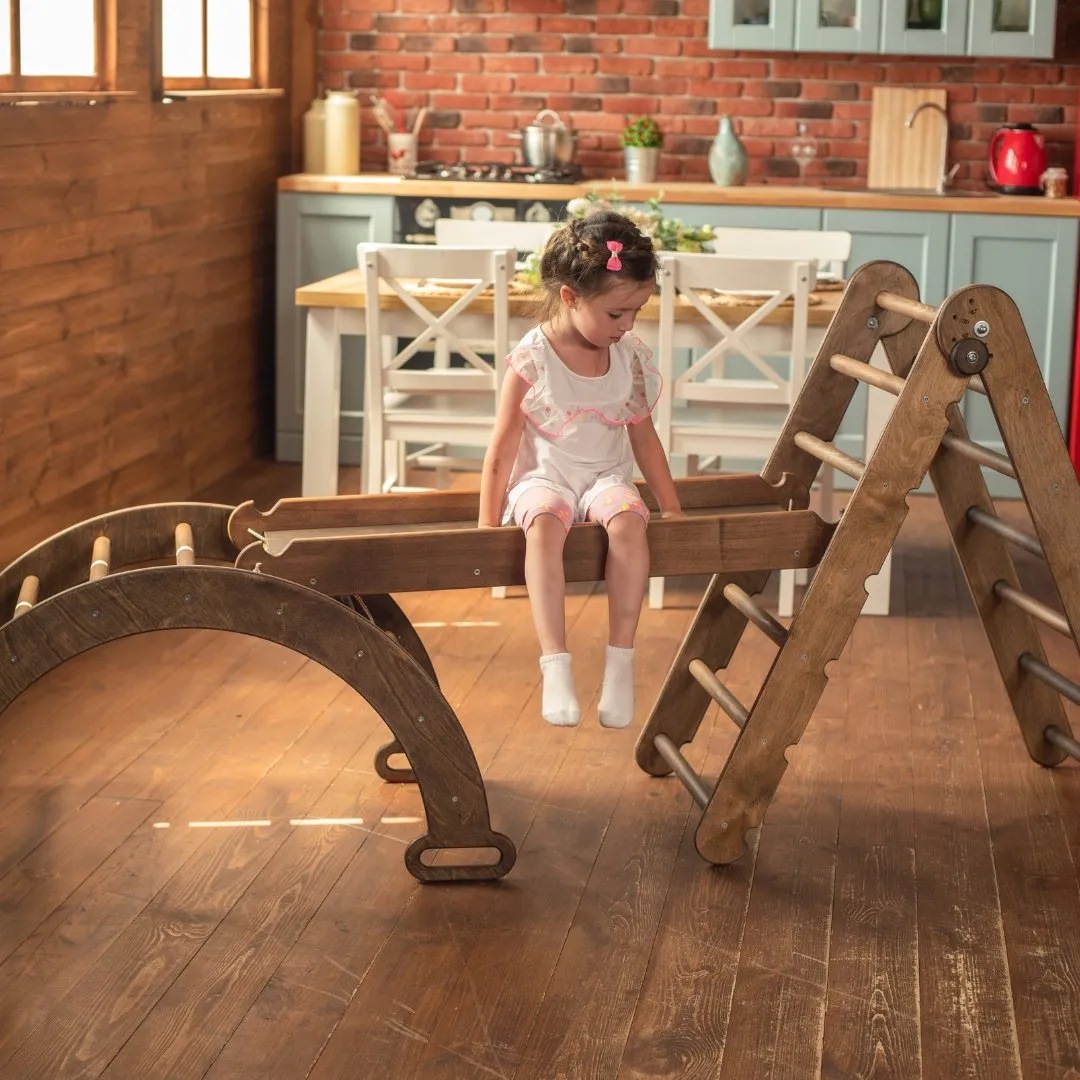 3in1 Montessori Climbing Set: Triangle Ladder   Wooden Arch   Slide Board – Chocolate NEW