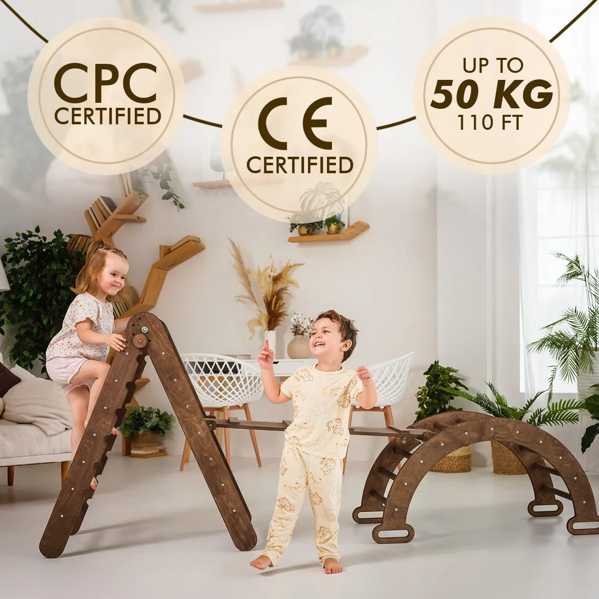 3in1 Montessori Climbing Set: Triangle Ladder   Wooden Arch   Slide Board – Chocolate NEW
