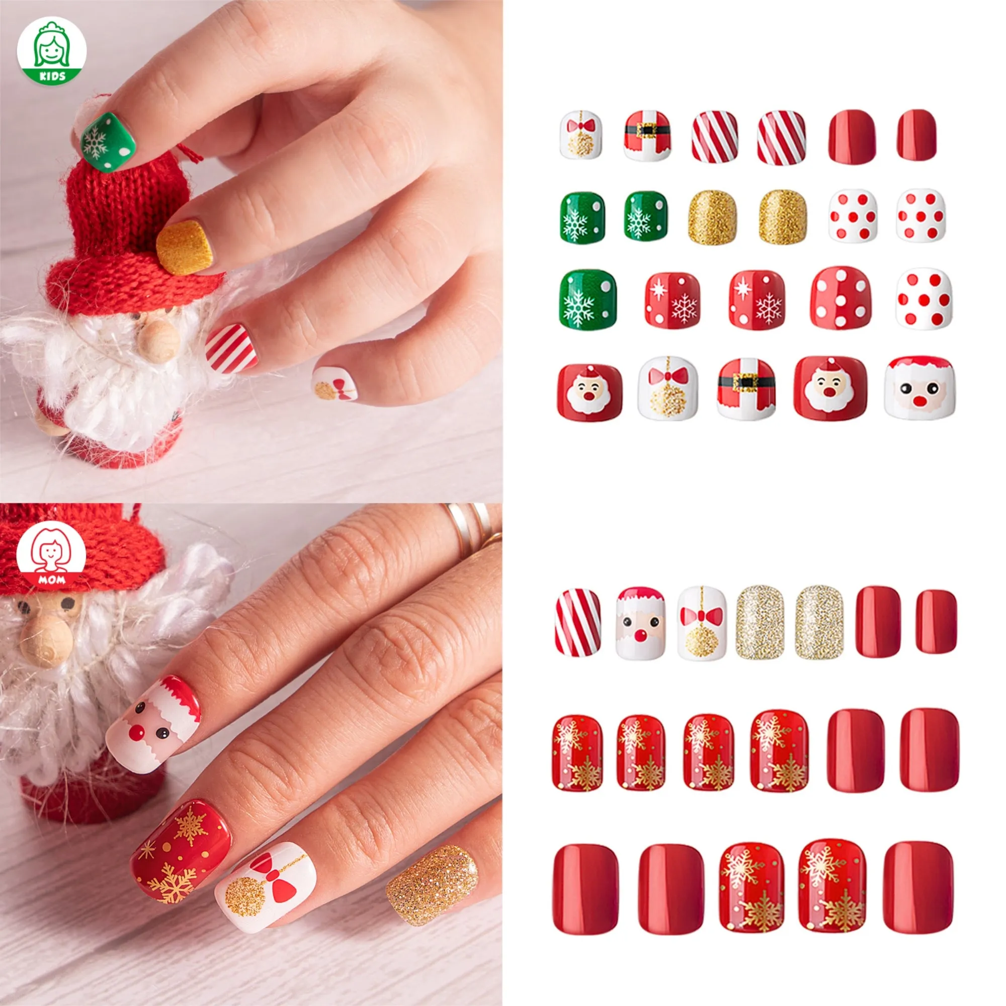 54Pcs Christmas Fake Nails For Kids and Mom, Glossy Red Press on Nails