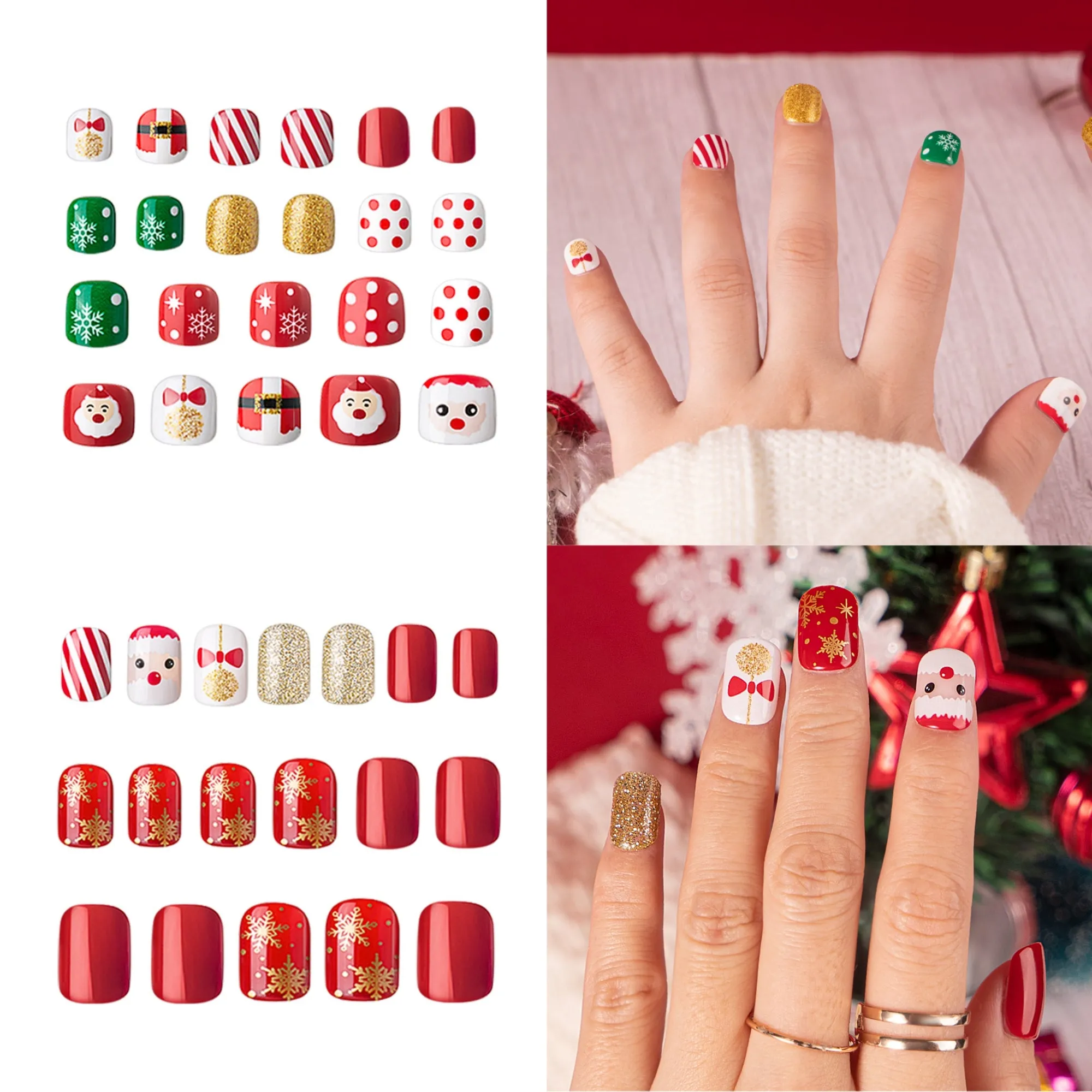 54Pcs Christmas Fake Nails For Kids and Mom, Glossy Red Press on Nails