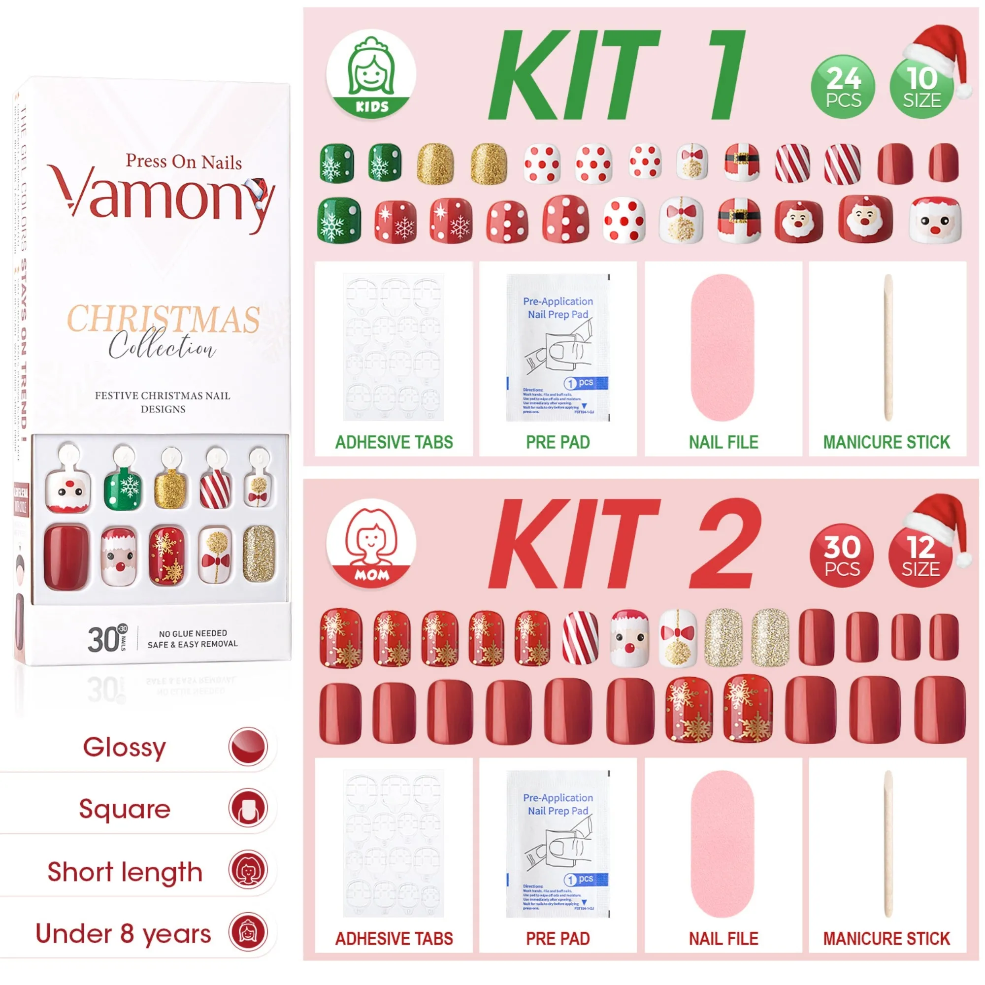 54Pcs Christmas Fake Nails For Kids and Mom, Glossy Red Press on Nails
