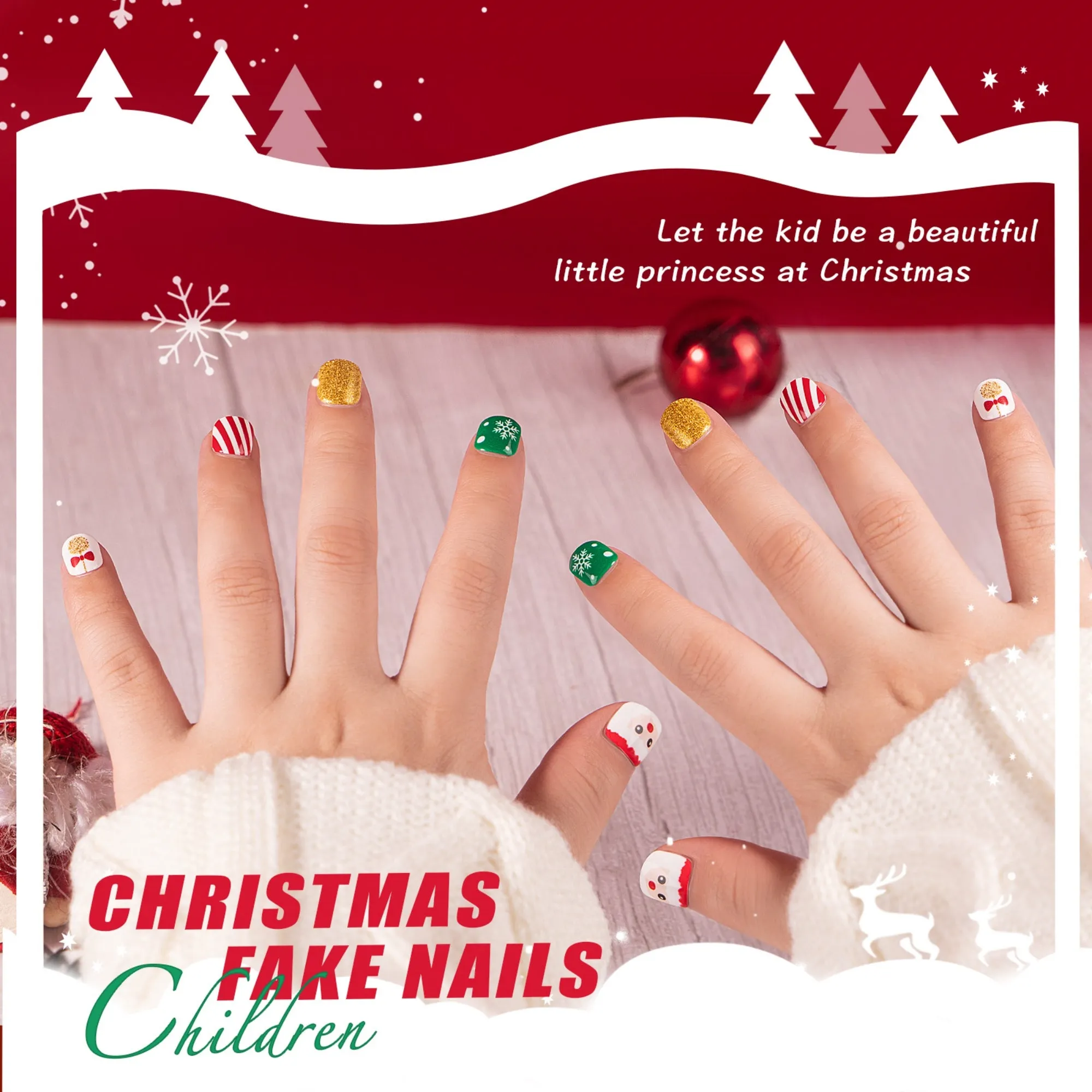 54Pcs Christmas Fake Nails For Kids and Mom, Glossy Red Press on Nails