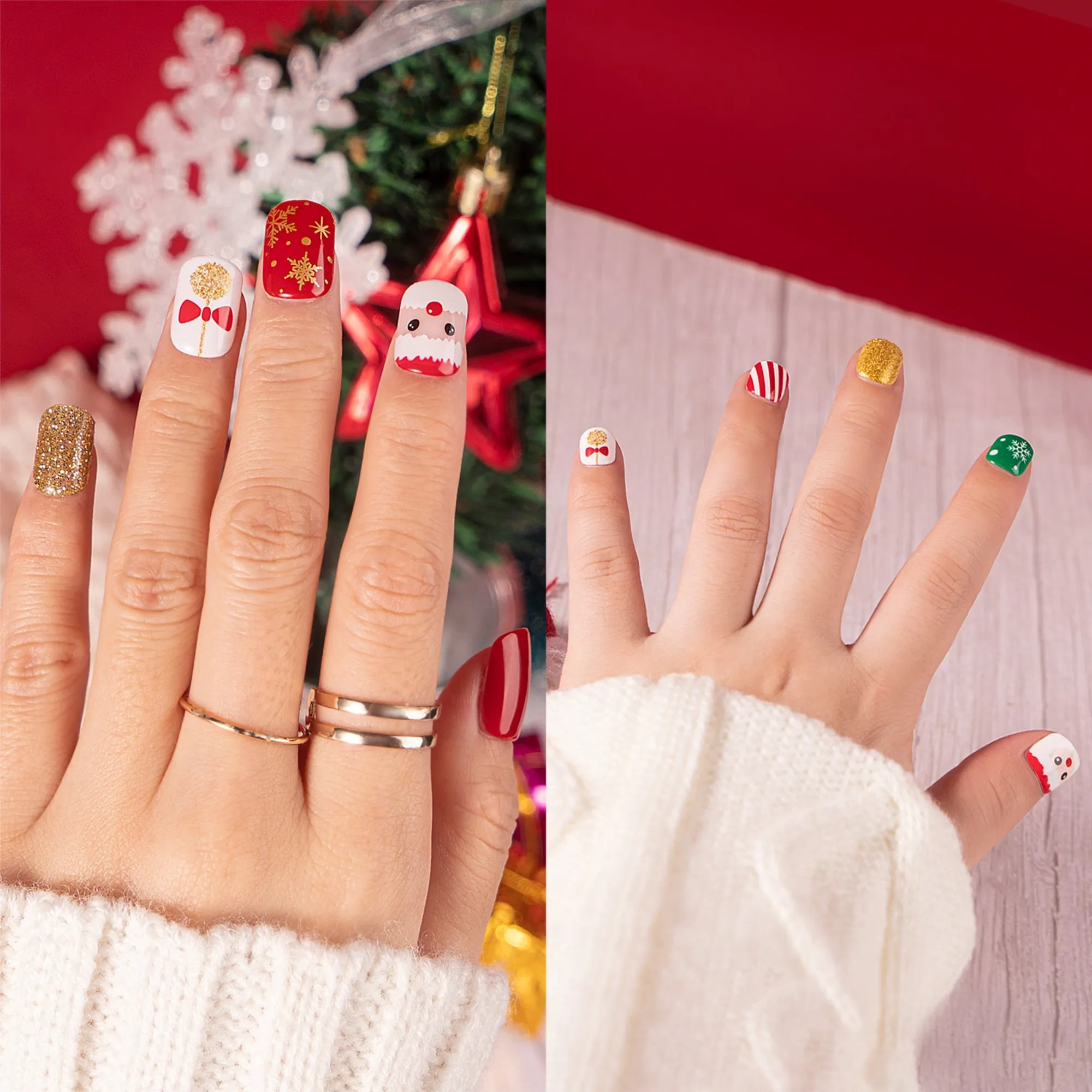 54Pcs Christmas Fake Nails For Kids and Mom, Glossy Red Press on Nails