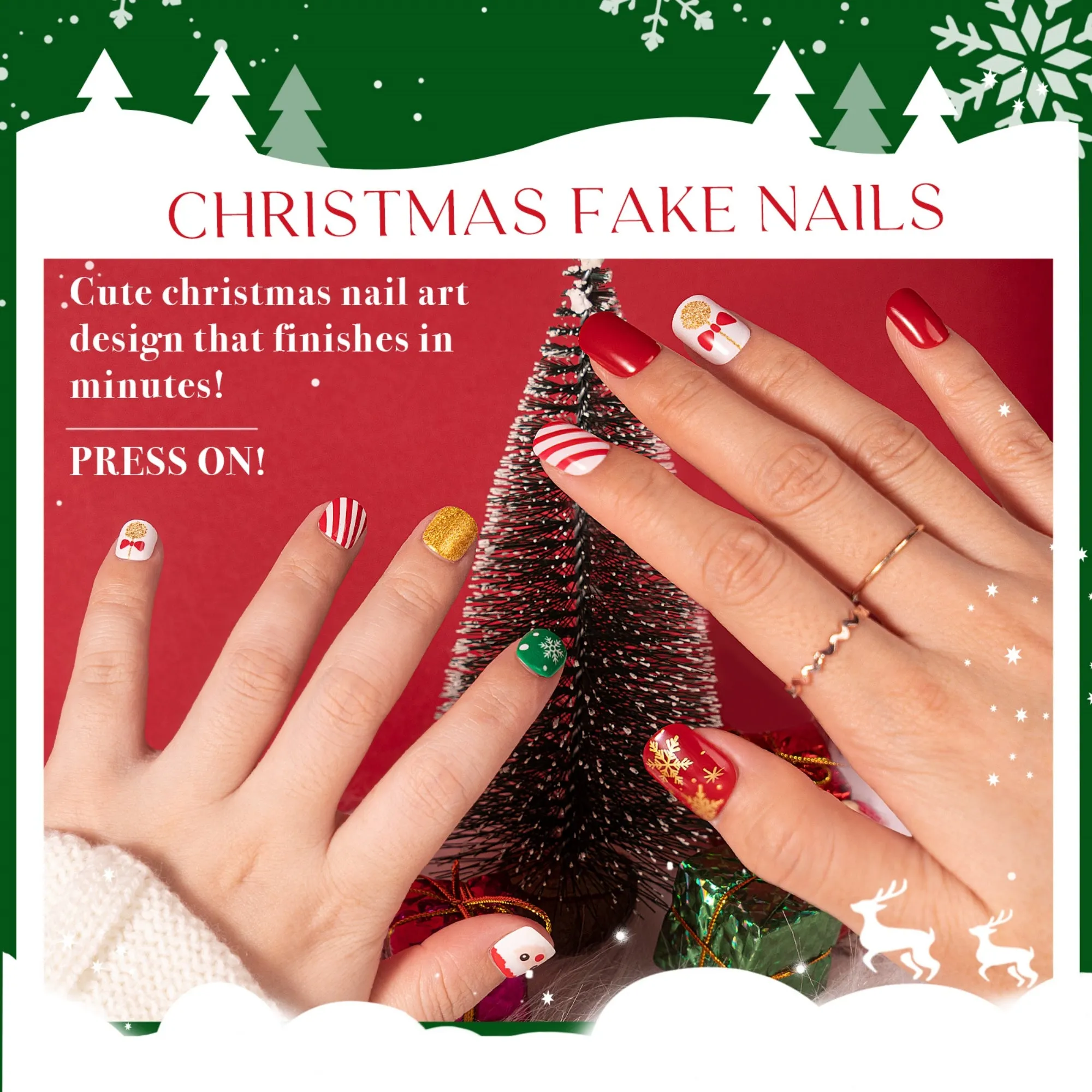 54Pcs Christmas Fake Nails For Kids and Mom, Glossy Red Press on Nails
