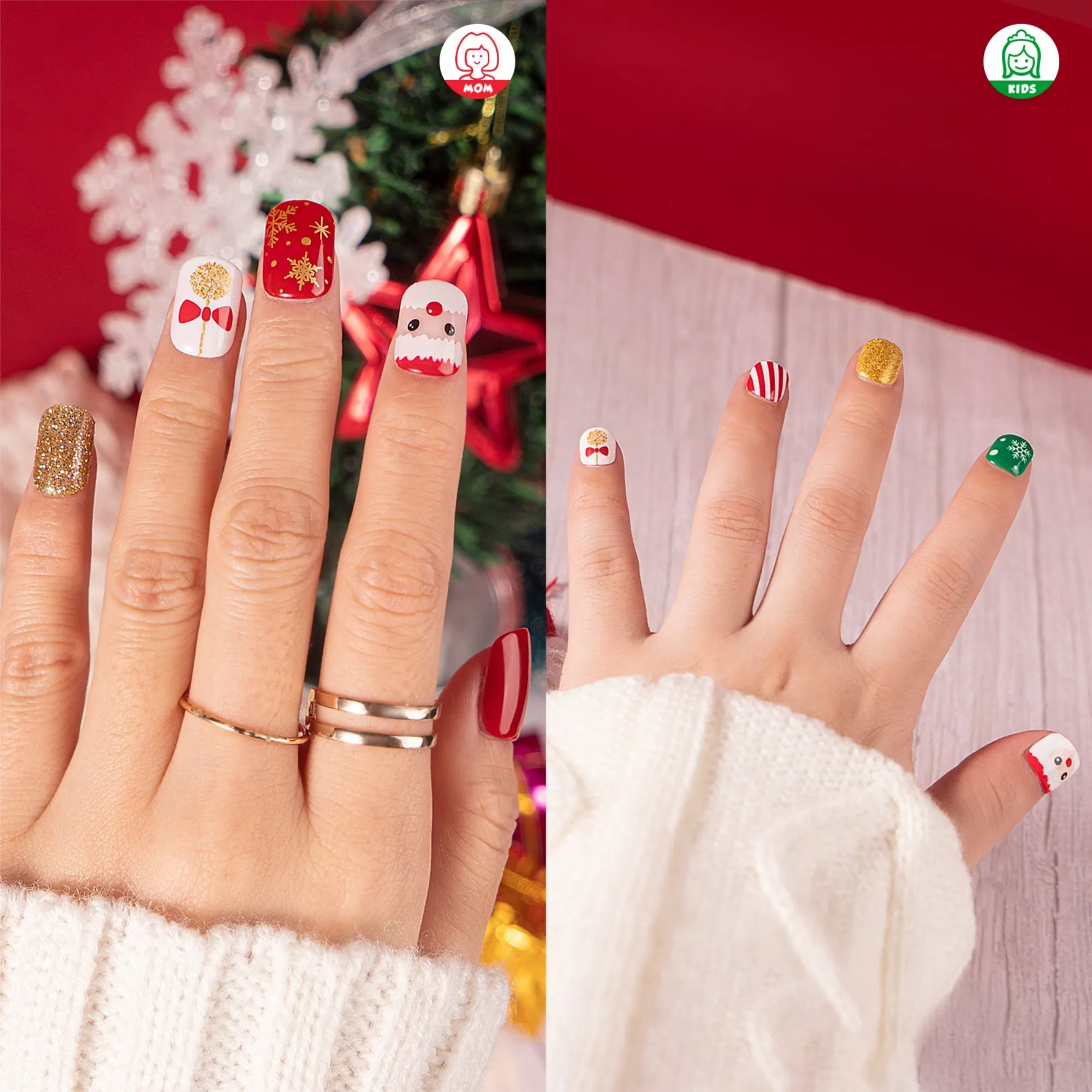 54Pcs Christmas Fake Nails For Kids and Mom, Glossy Red Press on Nails