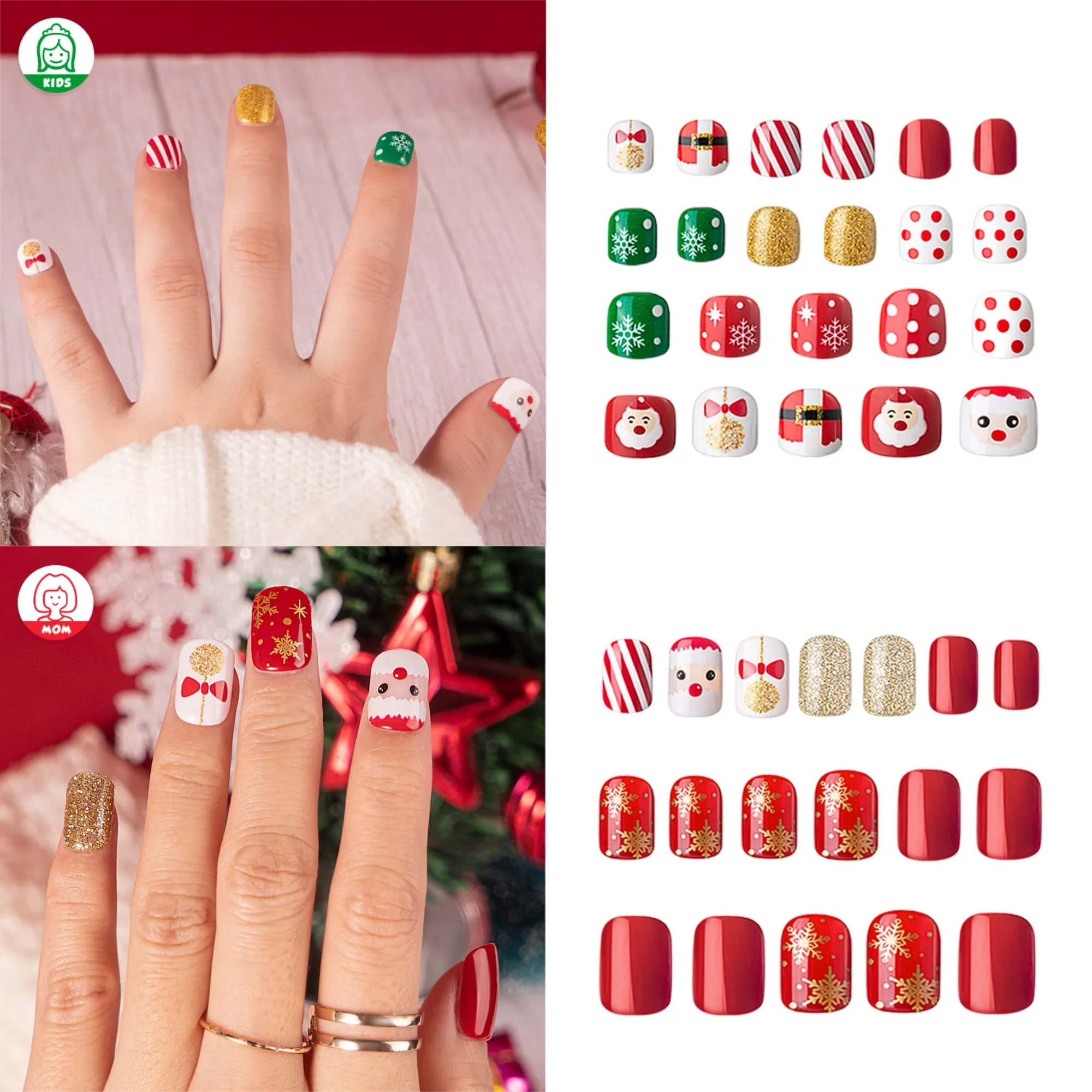 54Pcs Christmas Fake Nails For Kids and Mom, Glossy Red Press on Nails
