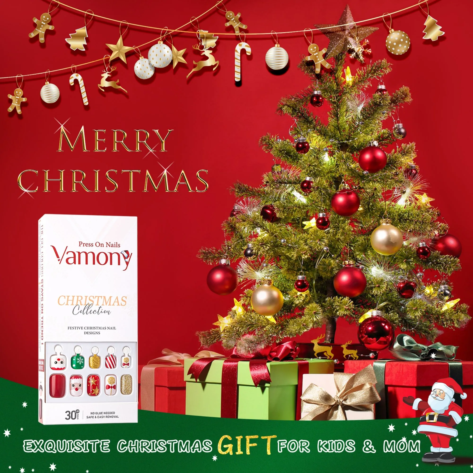 54Pcs Christmas Fake Nails For Kids and Mom, Glossy Red Press on Nails