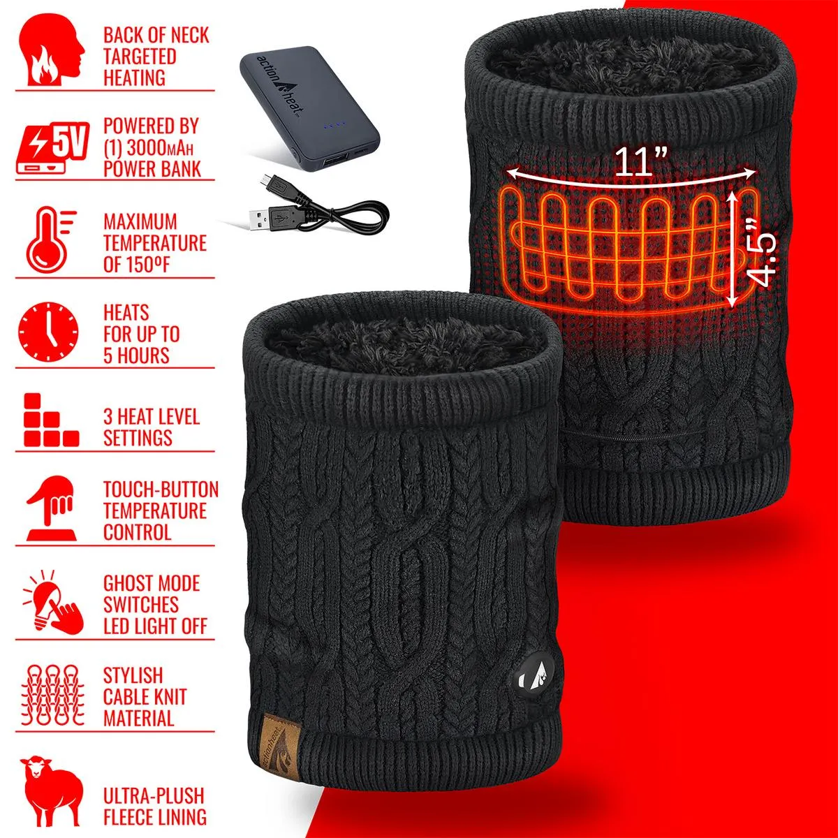 ActionHeat 5V Battery Heated Cable Knit Hat & Gaiter Bundle