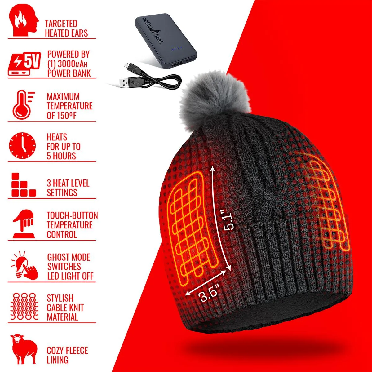 ActionHeat 5V Battery Heated Cable Knit Hat & Gaiter Bundle