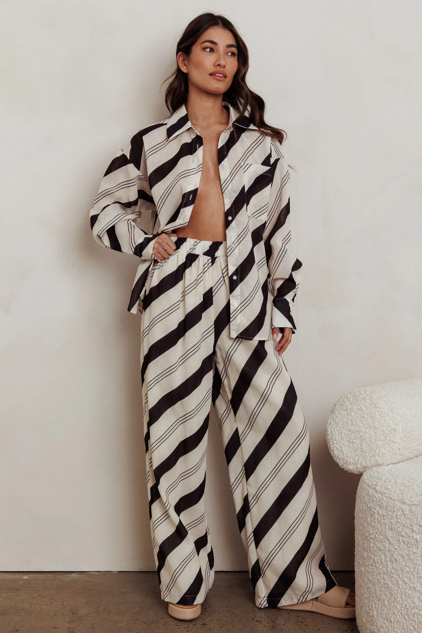 Alex Elastic Waist Striped Print Pant Black Cream