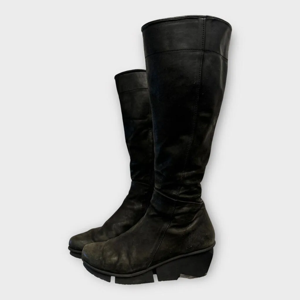 Black Leather Calf Length Wedge Boot