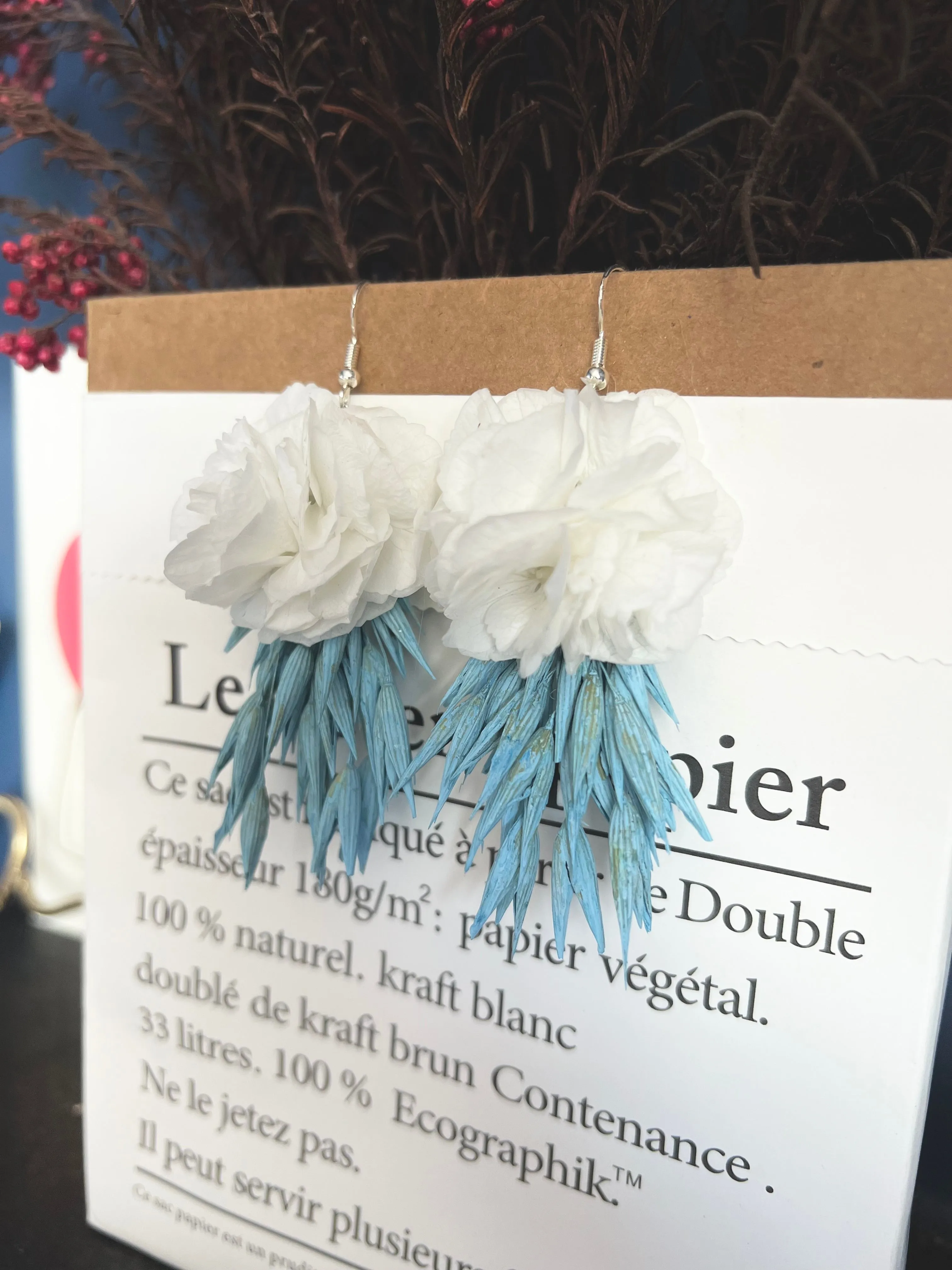 Blue and White Floral Earrings, Dried Flower Bridal Earrings, Summer Wedding, White Hydrangea Flower Earrings, Handmade Beach Jewellery