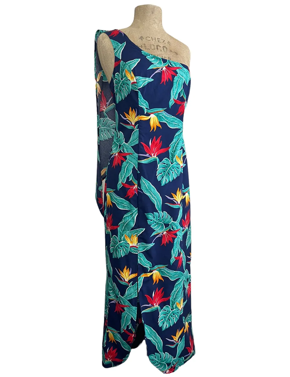 Blue Birds of Paradise Print One Shoulder Luau Dress