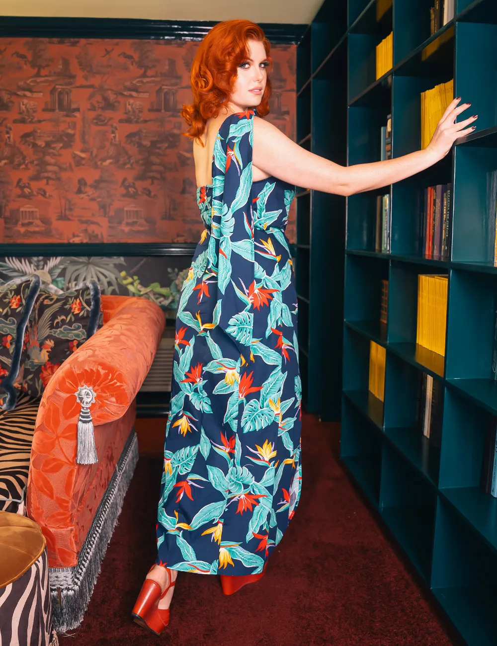 Blue Birds of Paradise Print One Shoulder Luau Dress