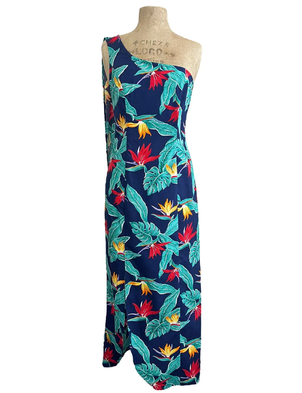 Blue Birds of Paradise Print One Shoulder Luau Dress
