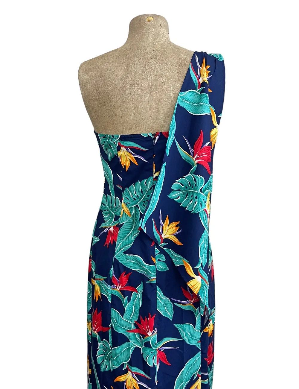 Blue Birds of Paradise Print One Shoulder Luau Dress