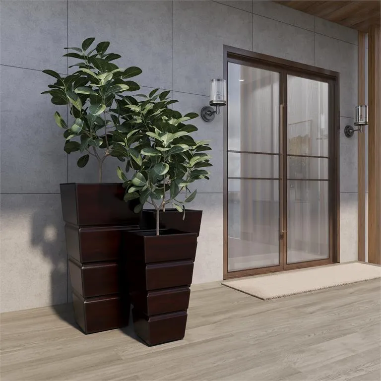 BROWN METAL INDOOR OUTDOOR LIGHT WEIGHT PLANTER WITH TAPERED BASE AND FLUTED DESIGN