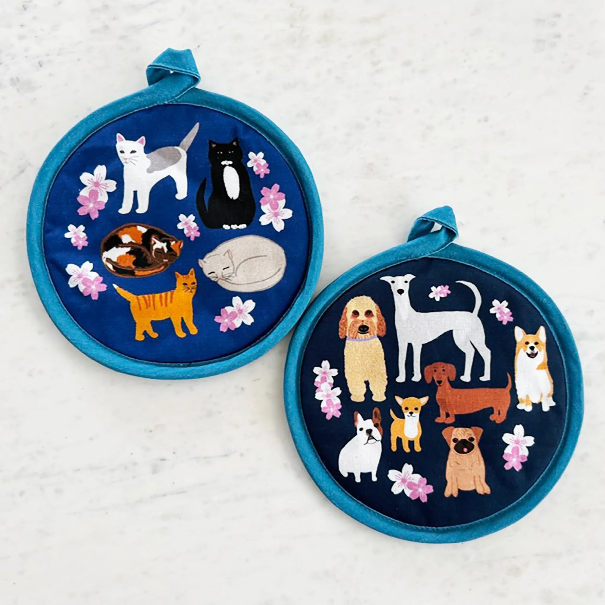 Cherry Blossoms and Dogs Round Potholder