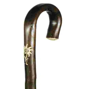 Chestnut Crook Walking Stick, Edelweiss Carving