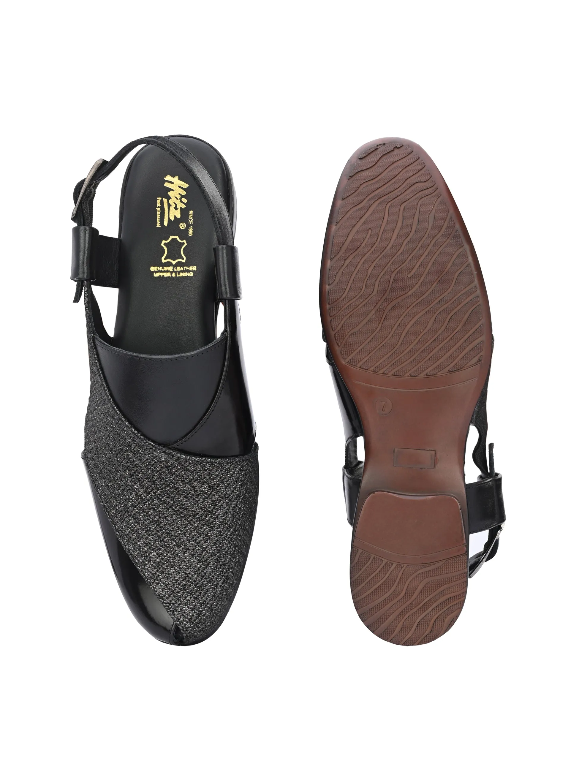 Hitz Men's Black Leather Peshawari Sandals with Buckle Closure