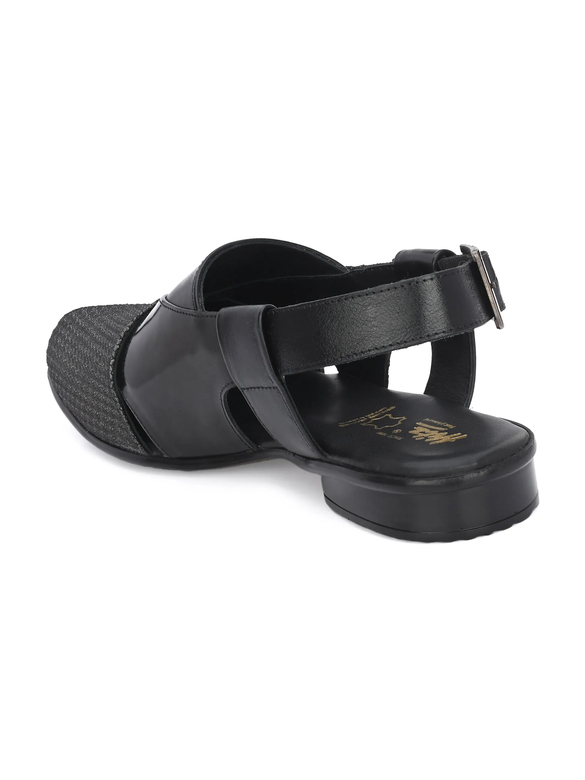 Hitz Men's Black Leather Peshawari Sandals with Buckle Closure