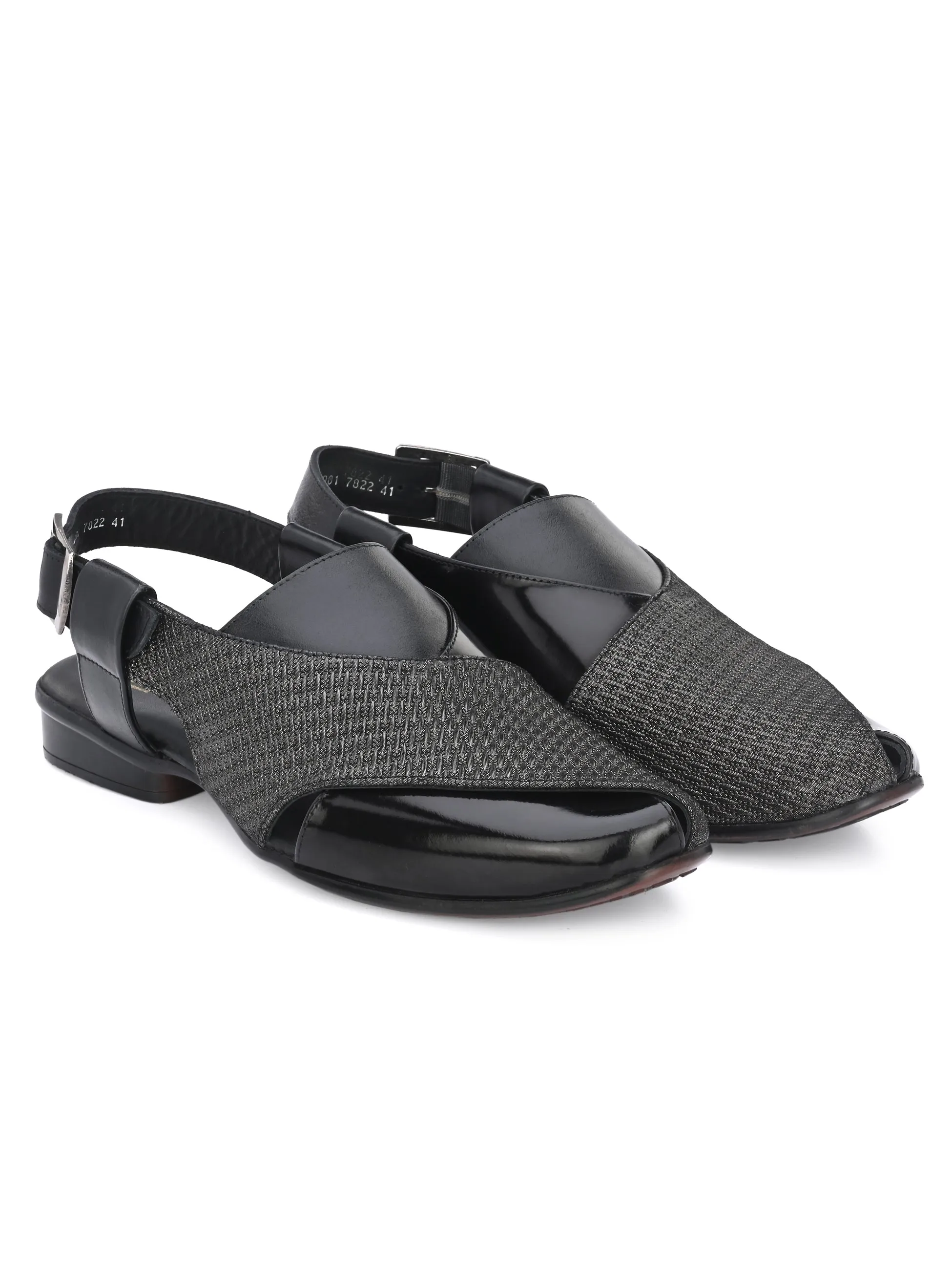 Hitz Men's Black Leather Peshawari Sandals with Buckle Closure