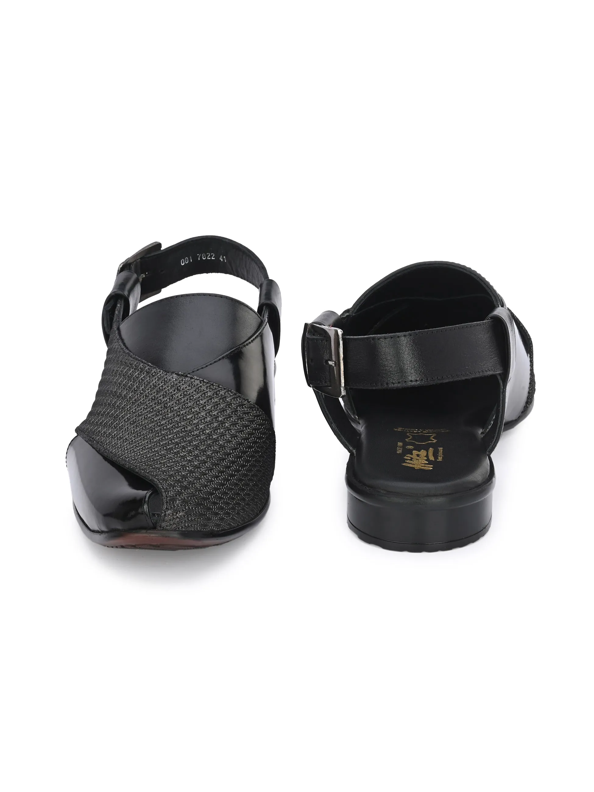 Hitz Men's Black Leather Peshawari Sandals with Buckle Closure