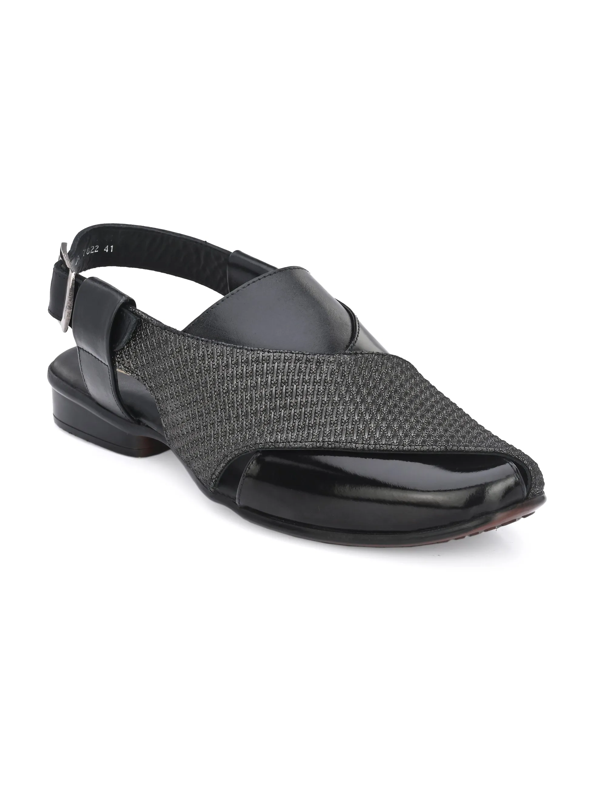 Hitz Men's Black Leather Peshawari Sandals with Buckle Closure