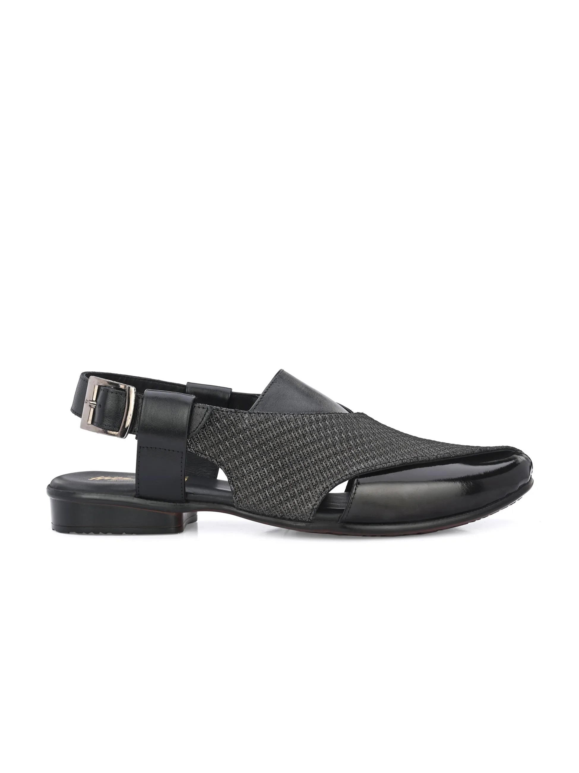 Hitz Men's Black Leather Peshawari Sandals with Buckle Closure