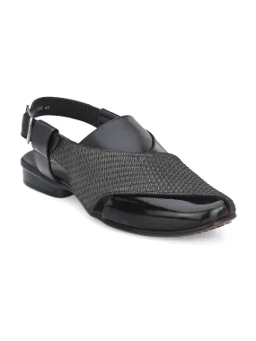 Hitz Men's Black Leather Peshawari Sandals with Buckle Closure