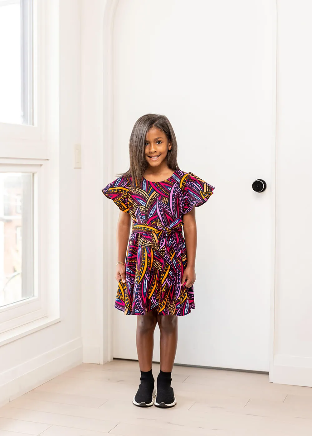 Kadija Girls' African Print Dress (Sunset Leaves)