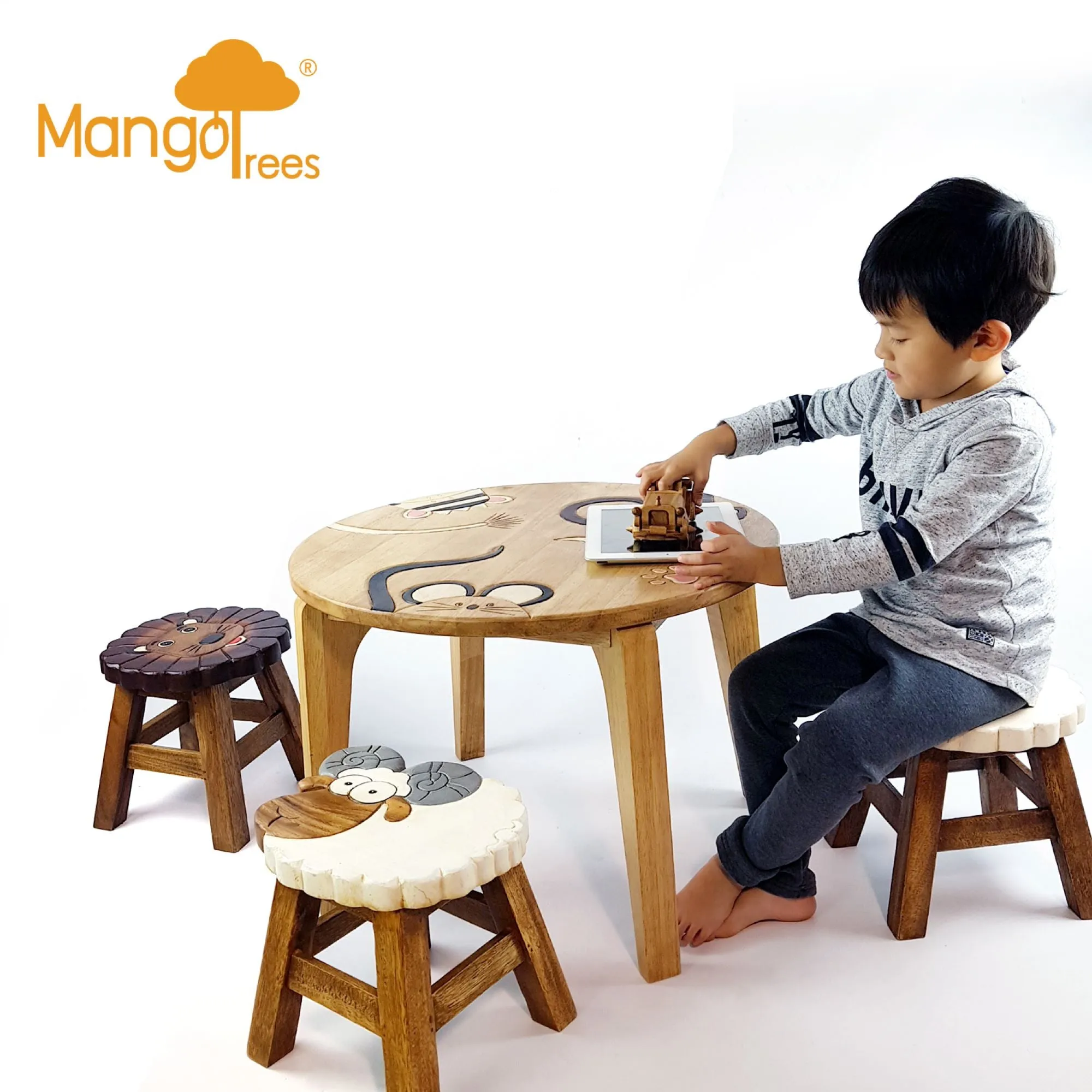 Kids Wooden Monkey Tails Table   4 animal stools complete set -hand carved Timber Children Furniture.
